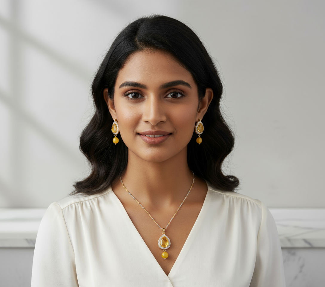 Golden Teardrop & Yellow Bead Jewelry Set