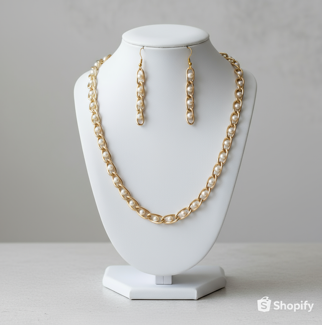 Gold Link Chain & Pearl Drop Jewelry Set