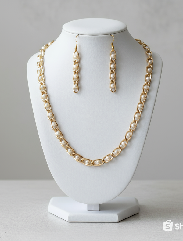 Gold Link Chain & Pearl Drop Jewelry Set