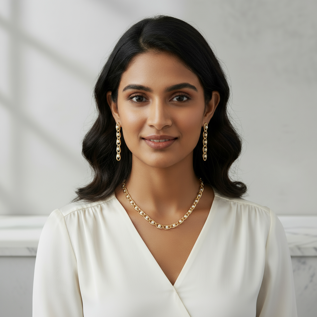 Gold Link Chain & Pearl Drop Jewelry Set