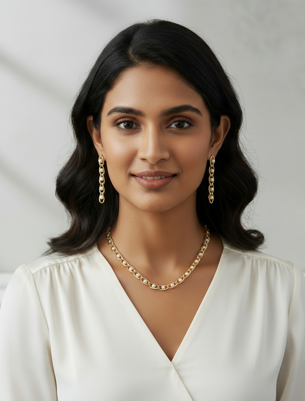 Gold Link Chain & Pearl Drop Jewelry Set