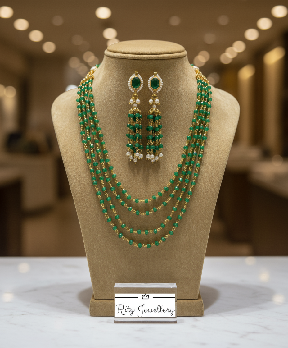 Multi-Strand Green Beaded Necklace and Earring Set