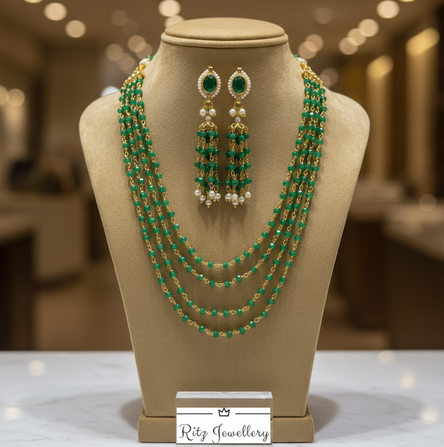 Multi-Strand Green Beaded Necklace and Earring Set