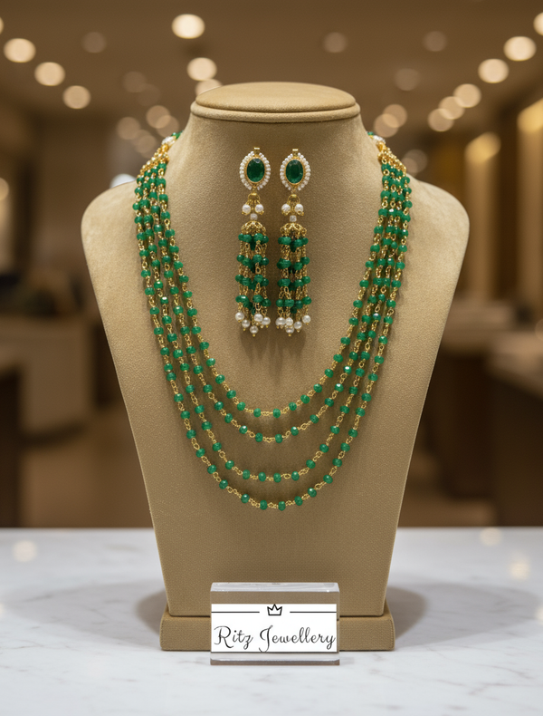 Multi-Strand Green Beaded Necklace and Earring Set
