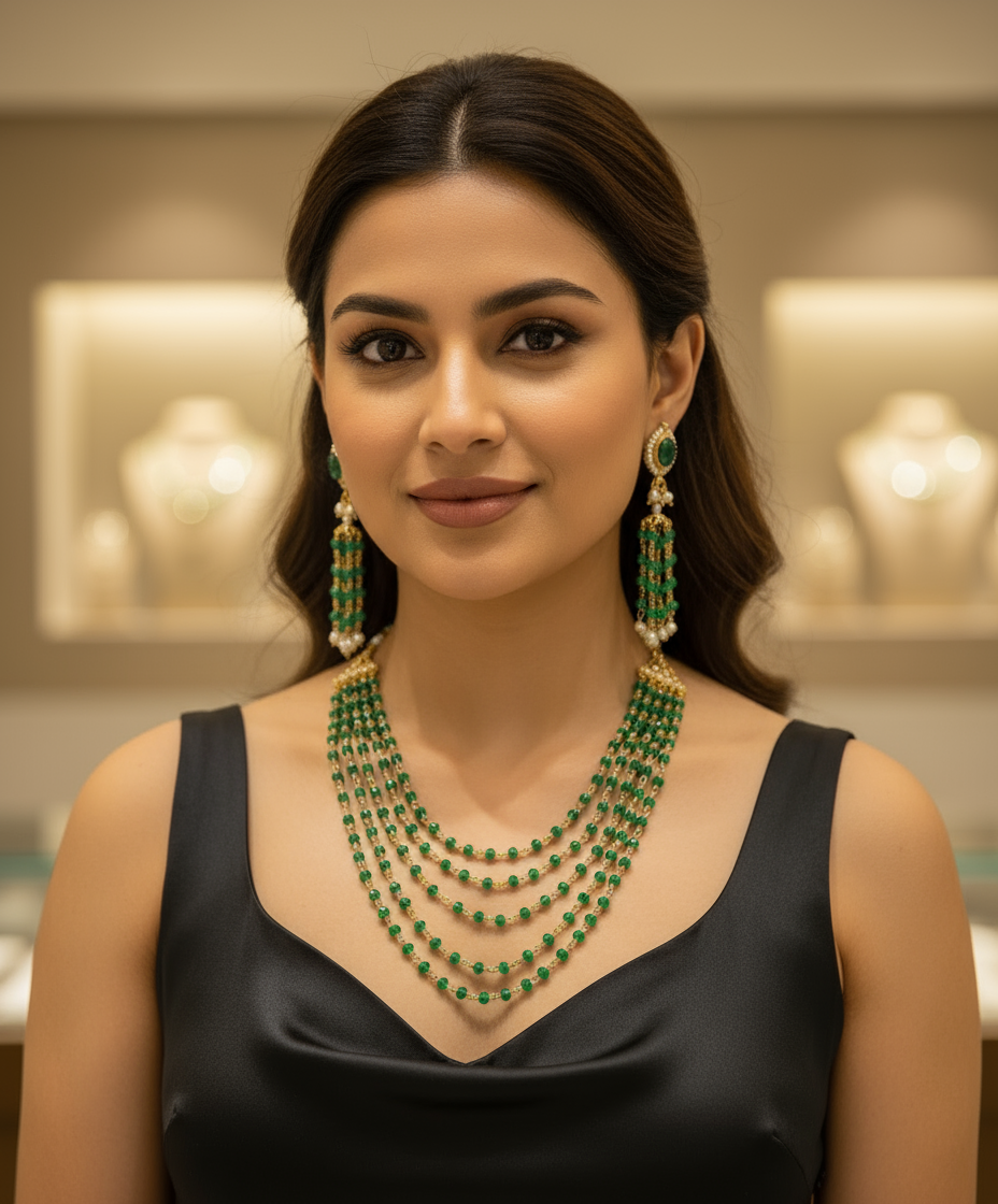 Multi-Strand Green Beaded Necklace and Earring Set