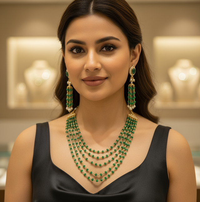 Multi-Strand Green Beaded Necklace and Earring Set