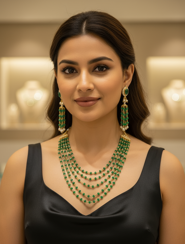 Multi-Strand Green Beaded Necklace and Earring Set