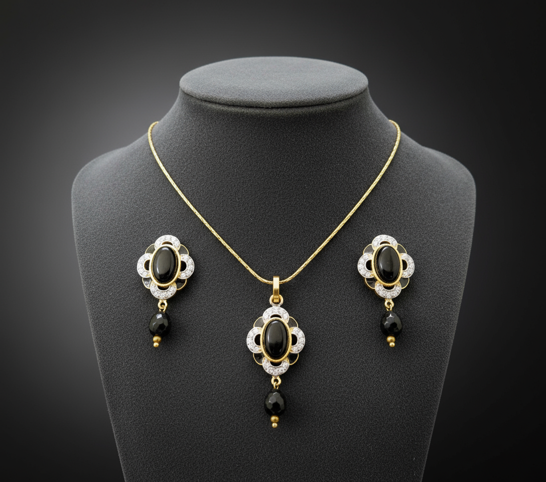 Black Gemstone and Crystal Floral Motif Necklace and Earring Set