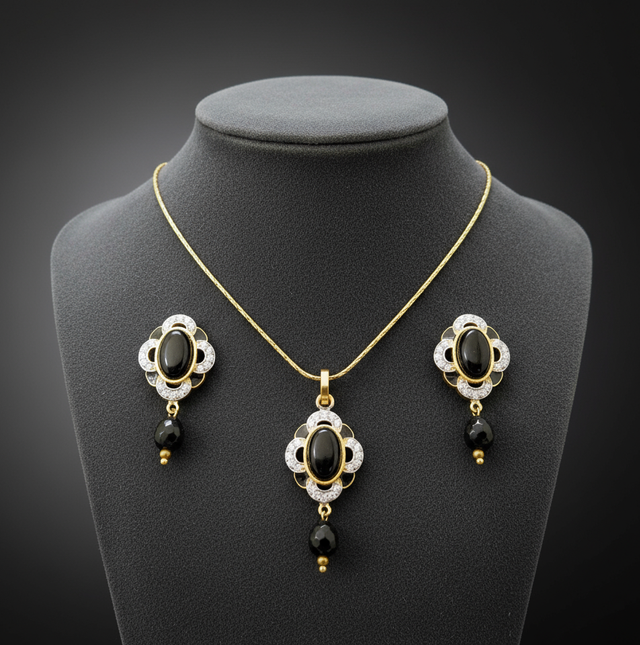 Black Gemstone and Crystal Floral Motif Necklace and Earring Set