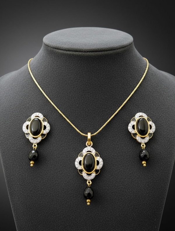Black Gemstone and Crystal Floral Motif Necklace and Earring Set