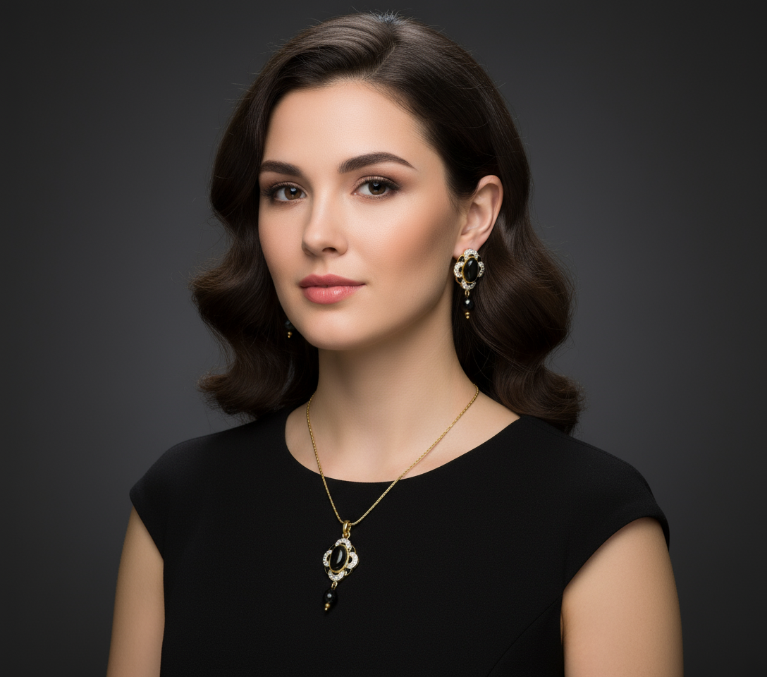 Black Gemstone and Crystal Floral Motif Necklace and Earring Set