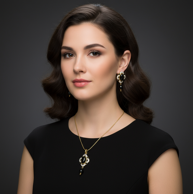 Black Gemstone and Crystal Floral Motif Necklace and Earring Set