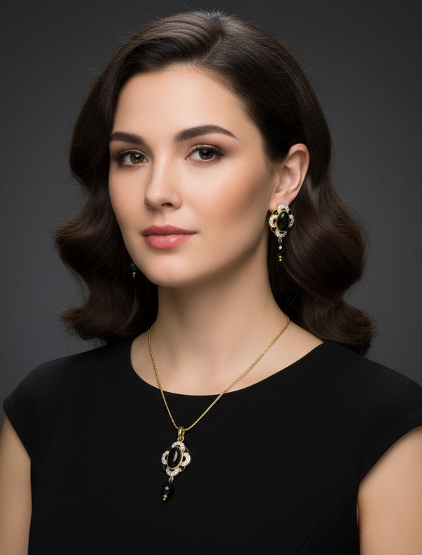 Black Gemstone and Crystal Floral Motif Necklace and Earring Set