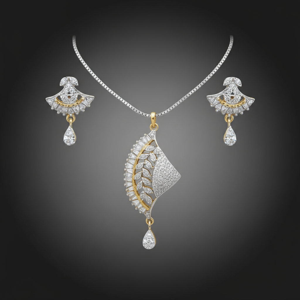 Two-Tone Diamond or Zirconia Drop Pendant and Earring Set