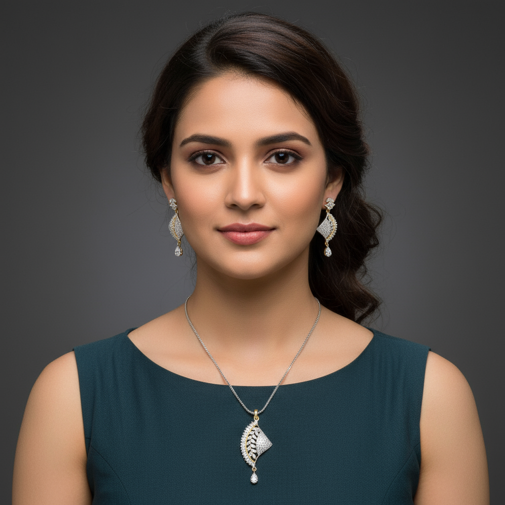 Two-Tone Diamond or Zirconia Drop Pendant and Earring Set