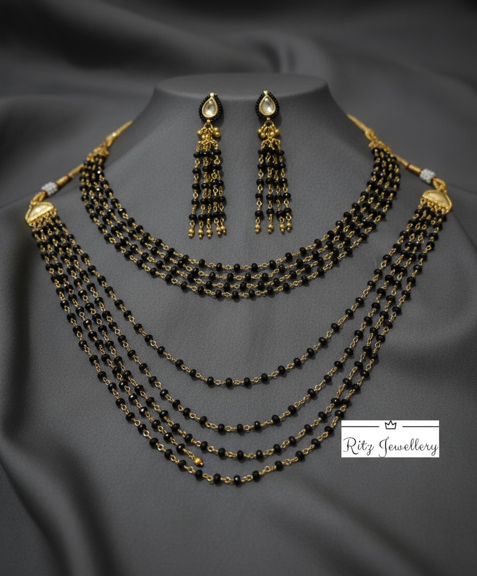 Multi-Layered Black Beaded Necklace and Earring Set