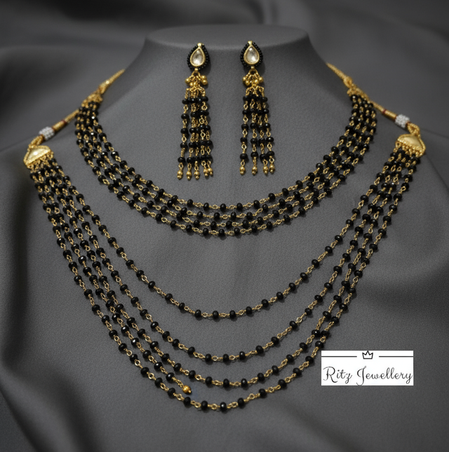 Multi-Layered Black Beaded Necklace and Earring Set