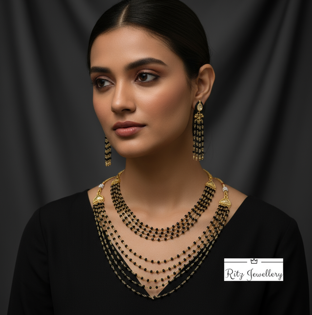 Multi-Layered Black Beaded Necklace and Earring Set