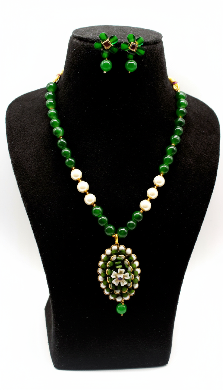 Jade and Pearl Floral Necklace Set